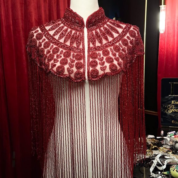 DNS Wear Jewelry - Red Fringe Cape, Rhinestone Beaded Shawl, Luxury Sequin Cape, Festival Outfit